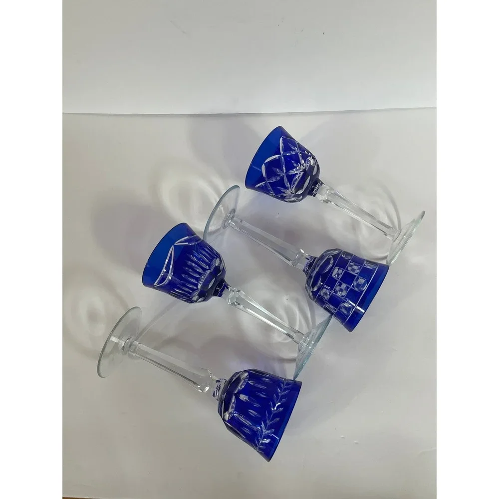 Mixed Geometric Pattern Crystal Hock Cordial Stemware Hand Blown Czech Glass, 4